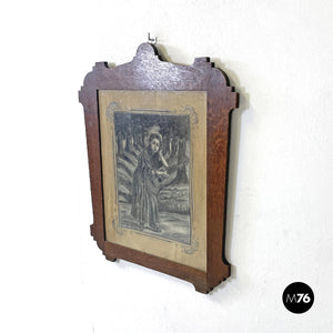 Charcoal drawing with wooden frame, 1930s