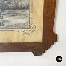 Load image into Gallery viewer, Charcoal drawing with wooden frame, 1930s
