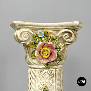 Ceramic column pedestal with flowers, 1970s