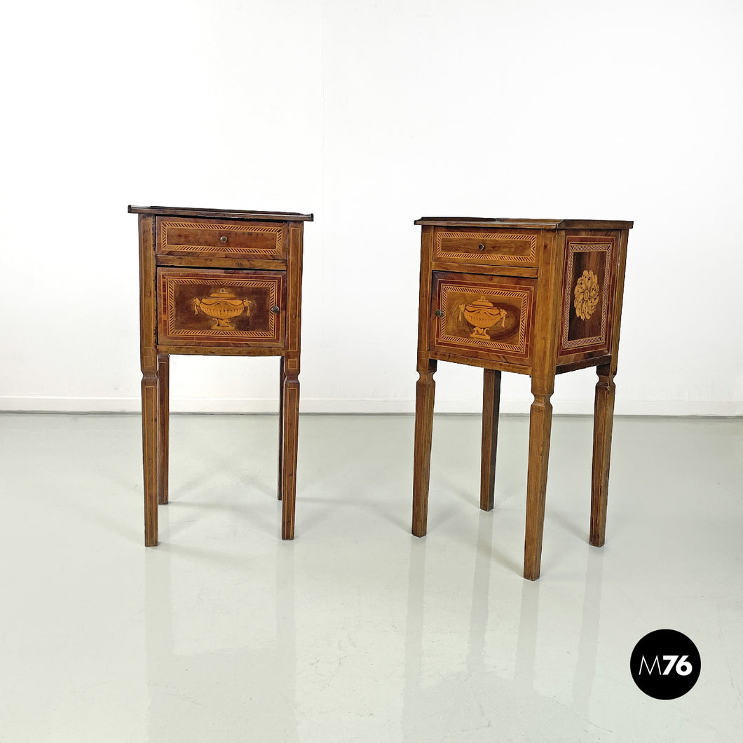 Wooden bedside tables with inlaid decorations, 1750s