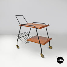 Charger l&#39;image dans la galerie, Wood and black metal trolley with brass wheels, 1960s
