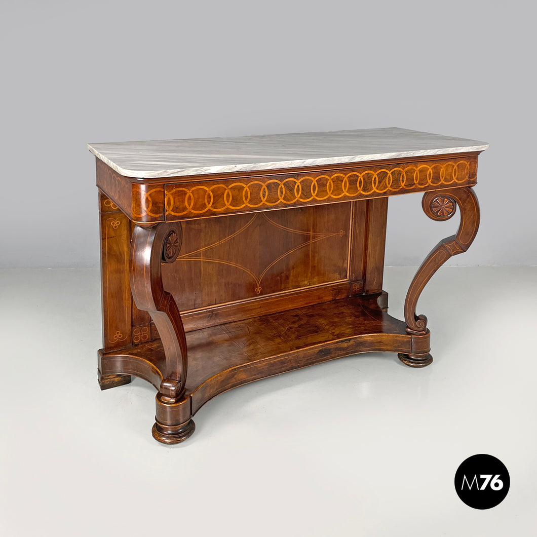 Console table in wood and marble with inlay decorations, 1840