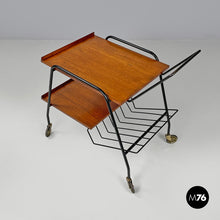 Charger l&#39;image dans la galerie, Wood and black metal trolley with brass wheels, 1960s
