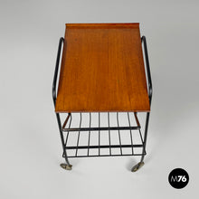 Load image into Gallery viewer, Wood and black metal trolley with brass wheels, 1960s
