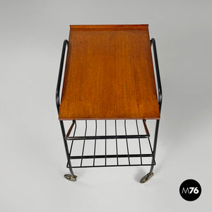 Wood and black metal trolley with brass wheels, 1960s