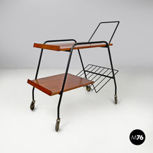 Load image into Gallery viewer, Wood and black metal trolley with brass wheels, 1960s
