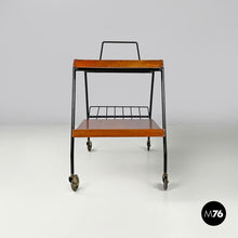 画像をギャラリービューアに読み込む, Wood and black metal trolley with brass wheels, 1960s
