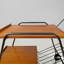 Charger l&#39;image dans la galerie, Wood and black metal trolley with brass wheels, 1960s
