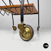 画像をギャラリービューアに読み込む, Wood and black metal trolley with brass wheels, 1960s
