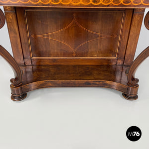 Console table in wood and marble with inlay decorations, 1840