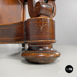 Console table in wood and marble with inlay decorations, 1840