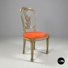 Load image into Gallery viewer, Green and gold wooden chairs with orange cushions, 1700s
