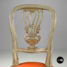 Load image into Gallery viewer, Green and gold wooden chairs with orange cushions, 1700s
