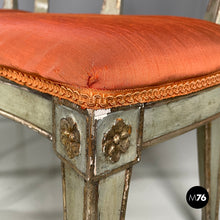 Load image into Gallery viewer, Green and gold wooden chairs with orange cushions, 1700s
