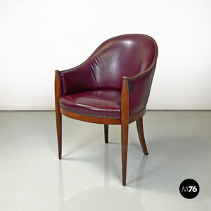 Wine-colored leather armchair with studs, 1950s