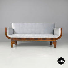 Load image into Gallery viewer, Sofa in wood and light blue pastel velvet, 1930s
