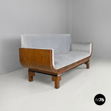 Load image into Gallery viewer, Sofa in wood and light blue pastel velvet, 1930s
