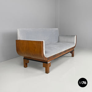 Sofa in wood and light blue pastel velvet, 1930s