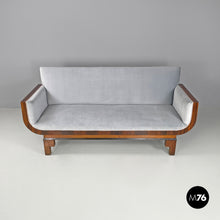 Load image into Gallery viewer, Sofa in wood and light blue pastel velvet, 1930s
