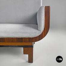 Load image into Gallery viewer, Sofa in wood and light blue pastel velvet, 1930s
