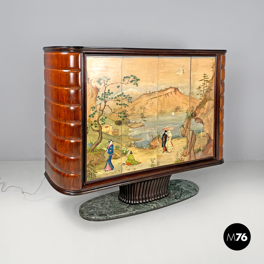 Wood and green marble bar cabinet with Japanese style painting, 1940s