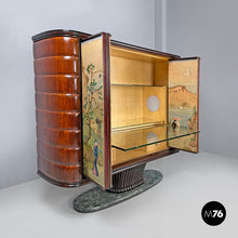 Load image into Gallery viewer, Wood and green marble bar cabinet with Japanese style painting, 1940s
