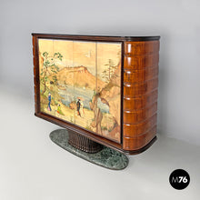 Load image into Gallery viewer, Wood and green marble bar cabinet with Japanese style painting, 1940s
