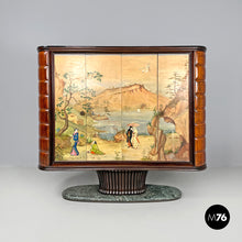 Load image into Gallery viewer, Wood and green marble bar cabinet with Japanese style painting, 1940s
