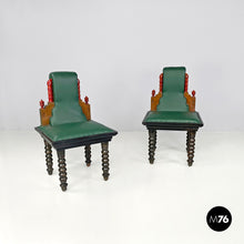 Load image into Gallery viewer, Green leather chairs with wooden decorations, 1930s
