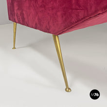 Load image into Gallery viewer, Cherry velvet and brass curved sofa, 1950s
