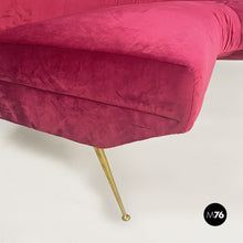 Load image into Gallery viewer, Cherry velvet and brass curved sofa, 1950s
