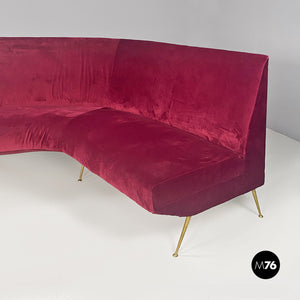 Cherry velvet and brass curved sofa, 1950s