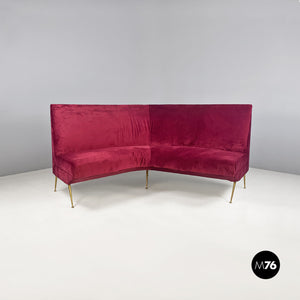 Cherry velvet and brass curved sofa, 1950s