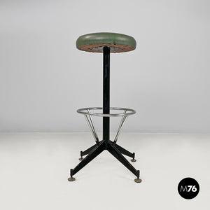 High stool in green faux leather and black metal, 1960s