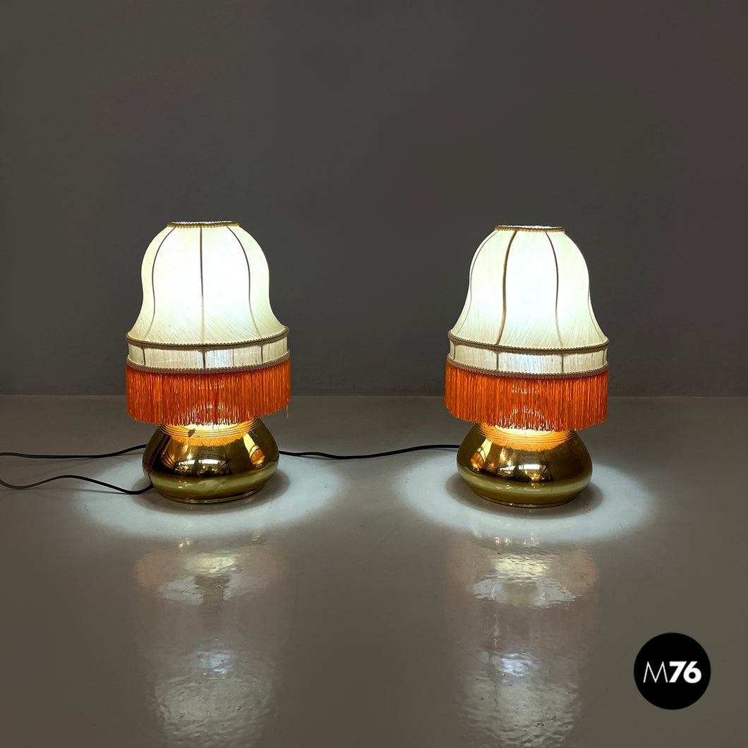 Brass table lamps with beige shade and orange fringes, 1980s