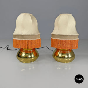 Brass table lamps with beige shade and orange fringes, 1980s