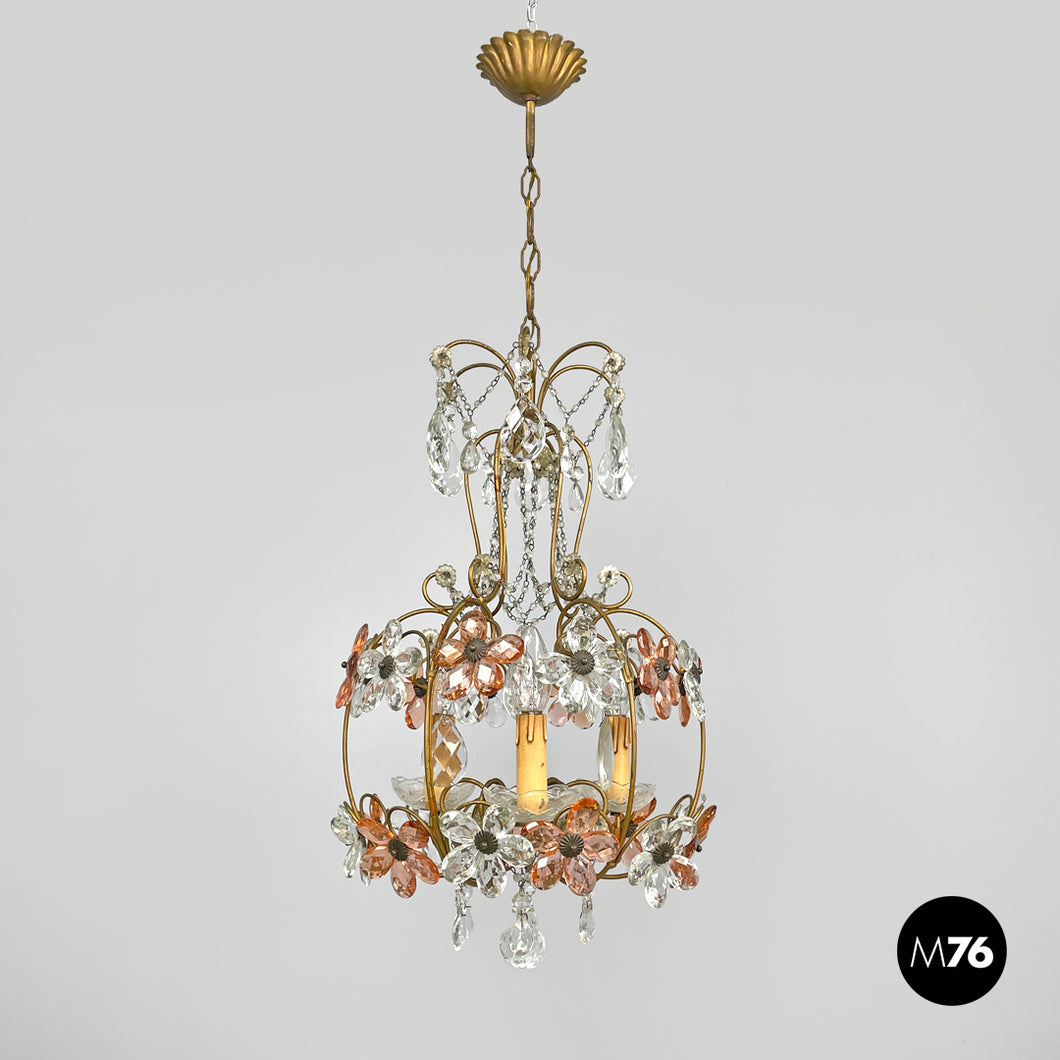 Chandelier in pink and clear glass and brass, early 1900s