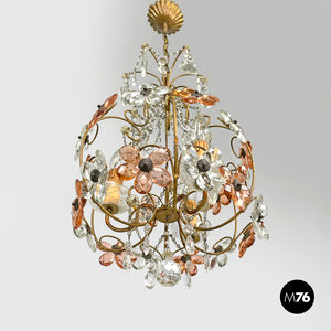 Chandelier in pink and clear glass and brass, early 1900s