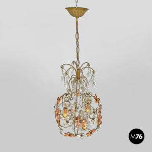 Chandelier in pink and clear glass and brass, early 1900s