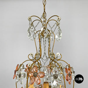 Chandelier in pink and clear glass and brass, early 1900s