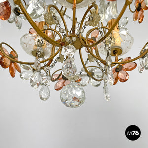 Chandelier in pink and clear glass and brass, early 1900s