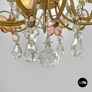 Chandelier in pink and clear glass and brass, early 1900s