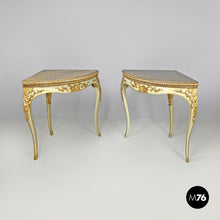 Load image into Gallery viewer, Gold and green corner wood consoles with lumachella marble top, 1700s
