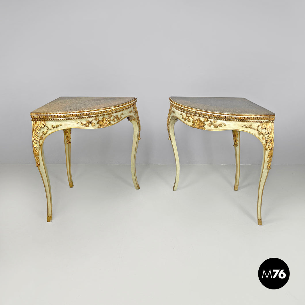 Gold and green corner wood consoles with lumachella marble top, 1700s