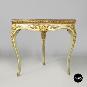 Gold and green corner wood consoles with lumachella marble top, 1700s