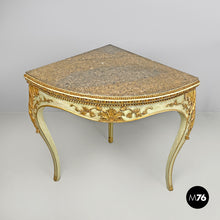 Load image into Gallery viewer, Gold and green corner wood consoles with lumachella marble top, 1700s
