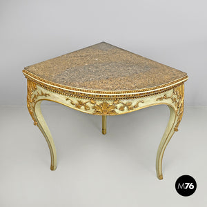 Gold and green corner wood consoles with lumachella marble top, 1700s