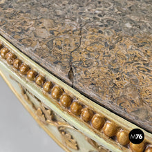 Load image into Gallery viewer, Gold and green corner wood consoles with lumachella marble top, 1700s
