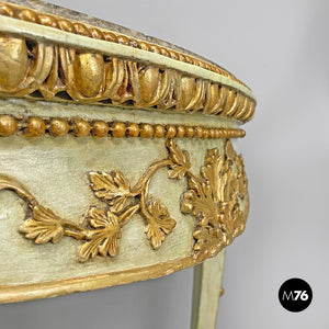 Gold and green corner wood consoles with lumachella marble top, 1700s