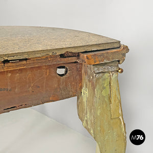 Gold and green corner wood consoles with lumachella marble top, 1700s